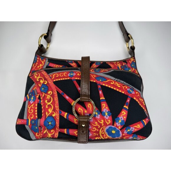 Dolce Gabbana Vintage Sicilian Red Black Fabric Brown Leather Bag Purse - Picture 2 of 16